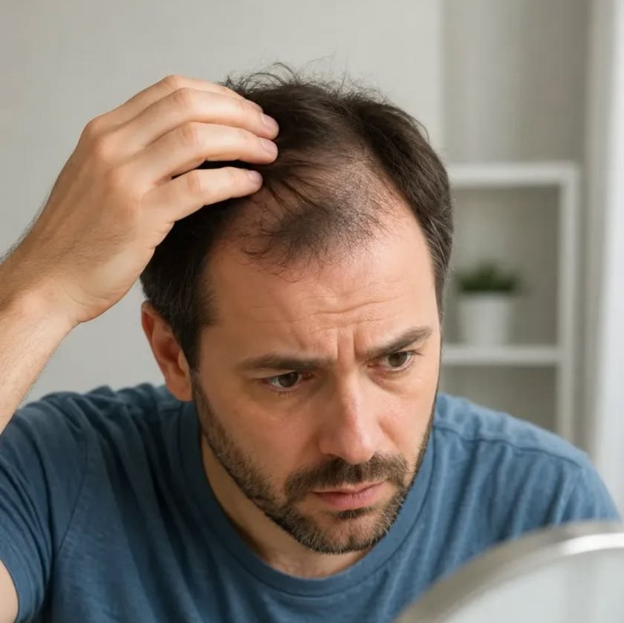 Man examining his hairline, concerned about hair loss